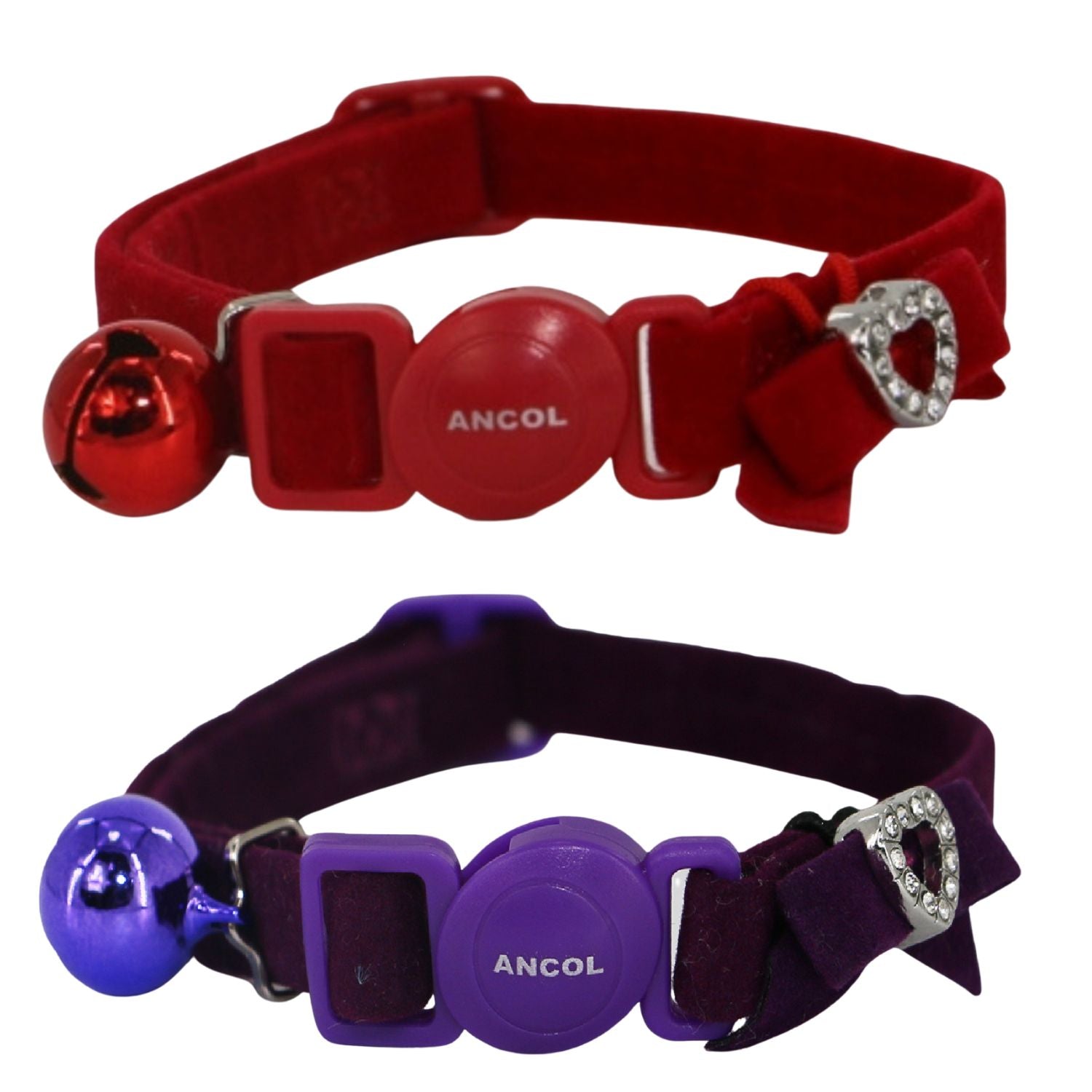 Red and purple cat collars with bells and heart-shaped buckles on a white background