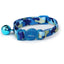Blue and green camouflage cat collar with a bell on a white background