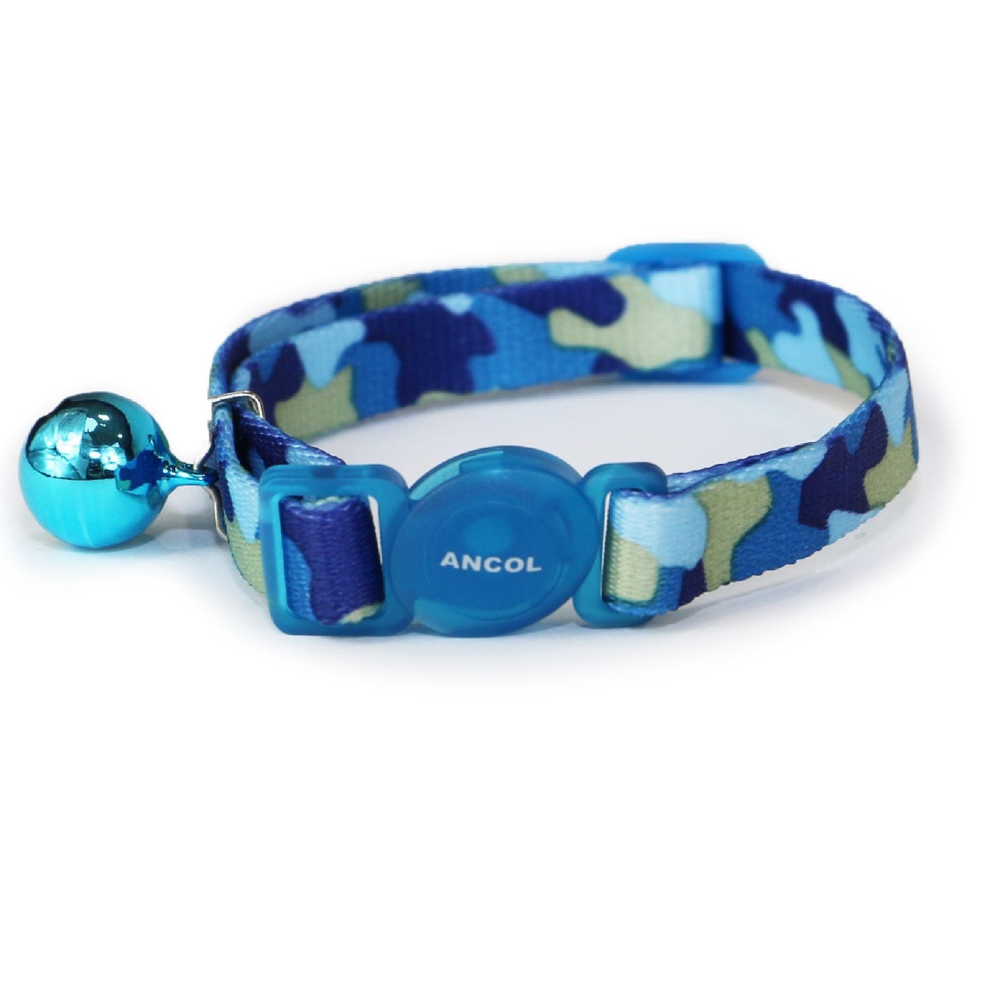 Blue and green camouflage cat collar with a bell on a white background