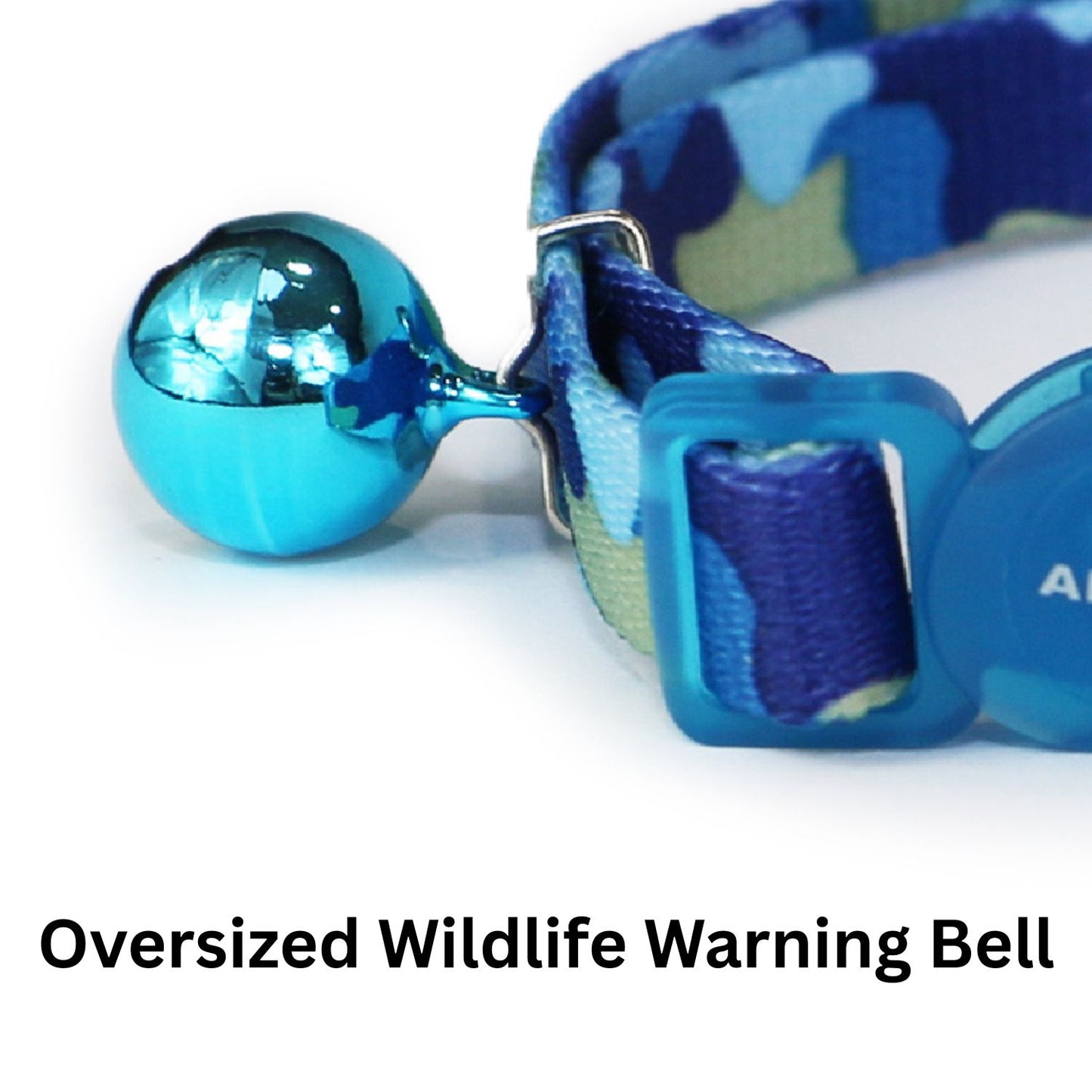 Blue camouflage dog collar with oversized wildlife warning bell on a white background