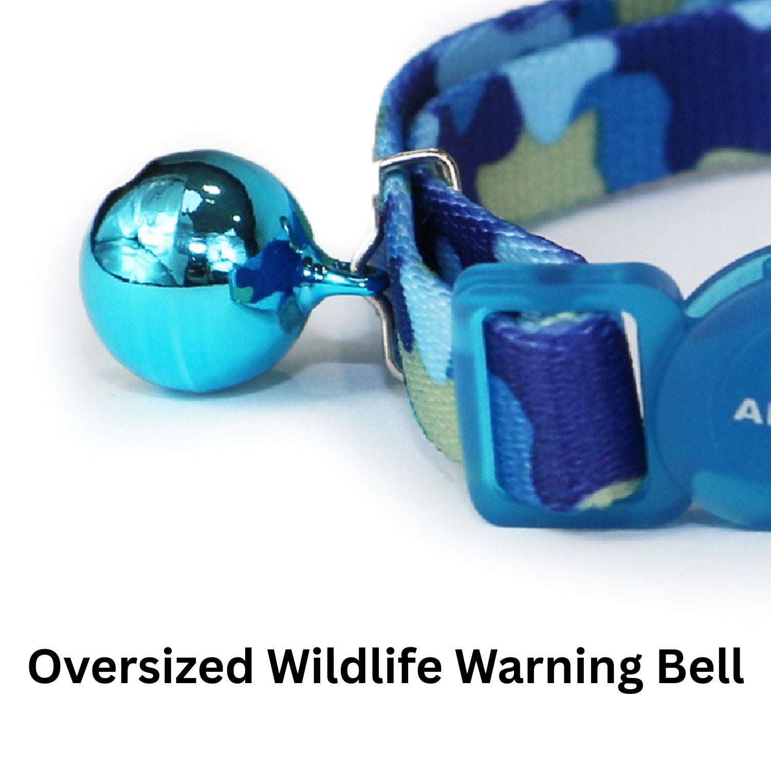 Blue camouflage dog collar with oversized wildlife warning bell on a white background