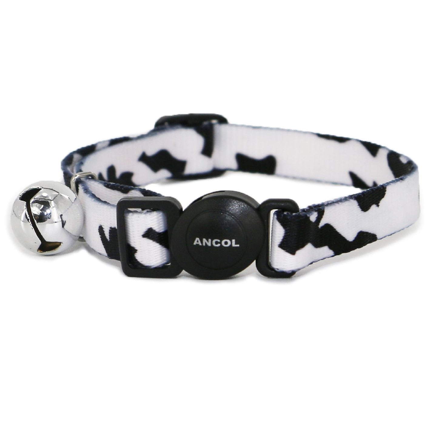 Cat collar with black and white pattern and bell on a white background