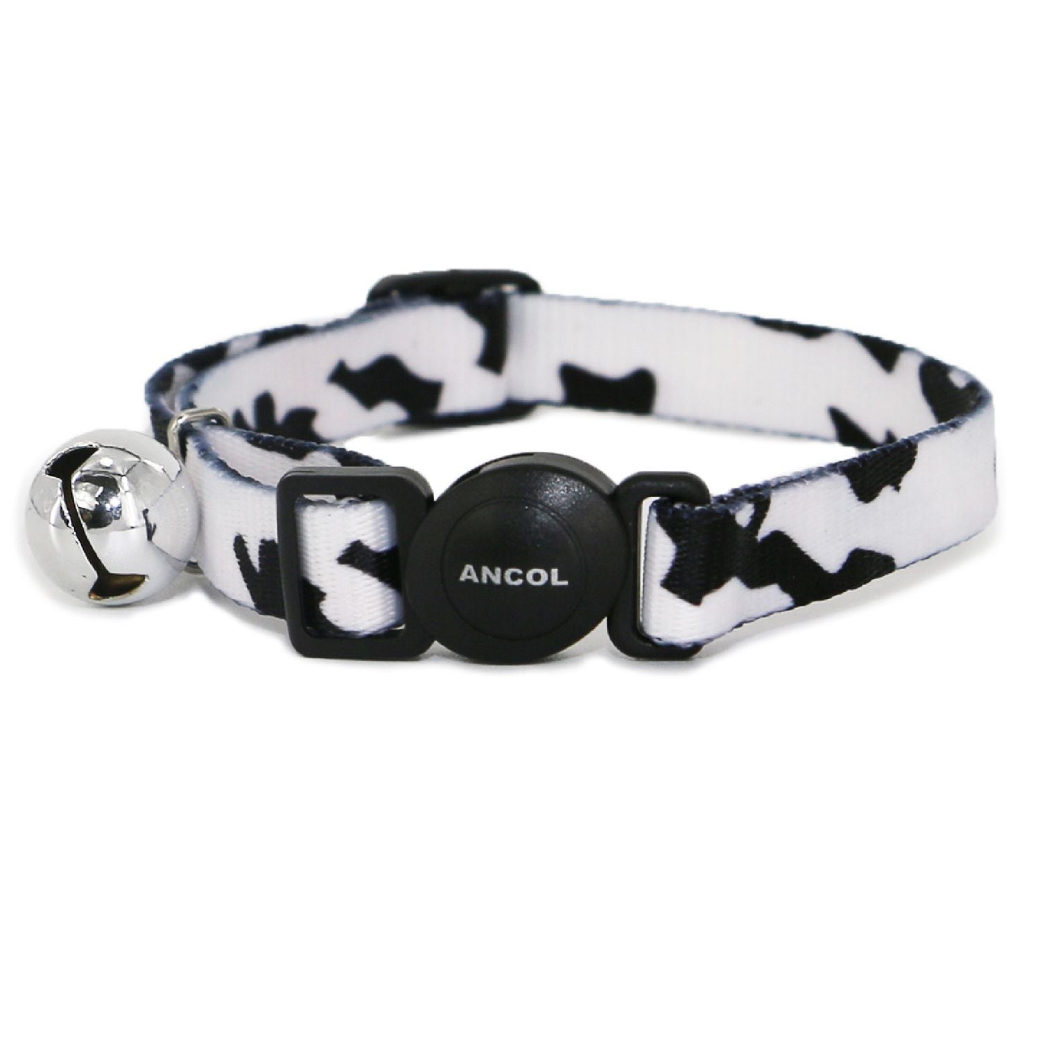 Cat collar with black and white pattern and bell on a white background