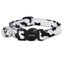 Cat collar with black and white pattern and bell on a white background