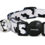 Cat collar with bell and black and white pattern on a white background