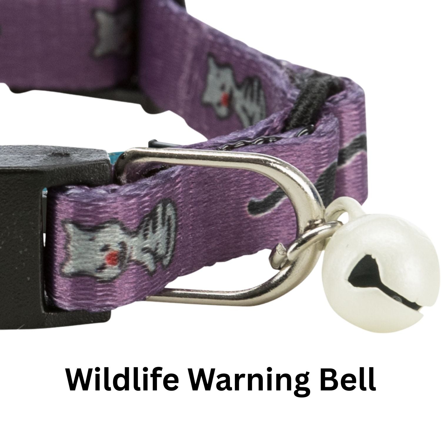 Purple cat collar with a white bell and 'Wildlife Warning Bell' text on a white background