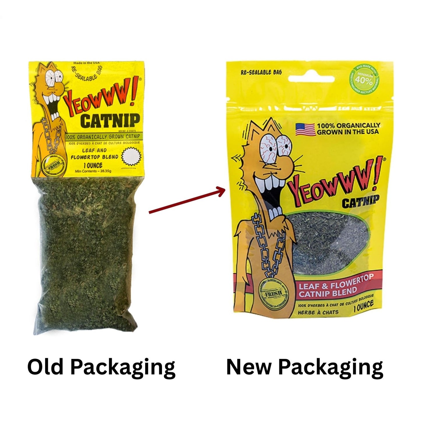 Comparison of old and new packaging for YEOWWW! Catnip with cartoon cat illustrations.