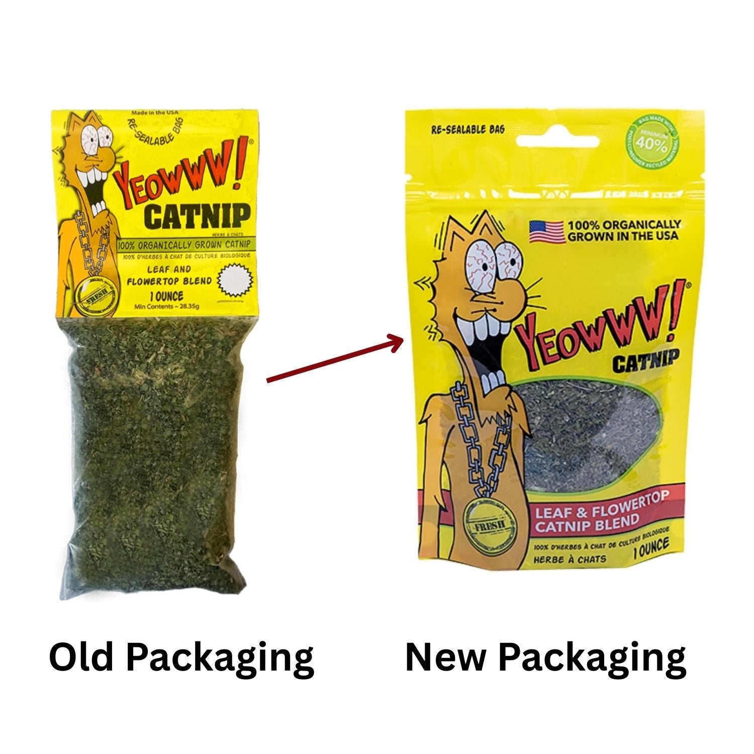 Comparison of old and new packaging for YEOWWW! Catnip with cartoon cat illustrations.
