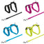 Set of cat harnesses and leashes in black, pink, blue, and green on a white background