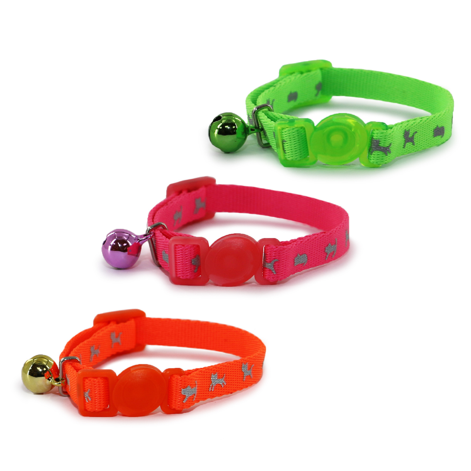 Three colorful cat collars with bells on a white background