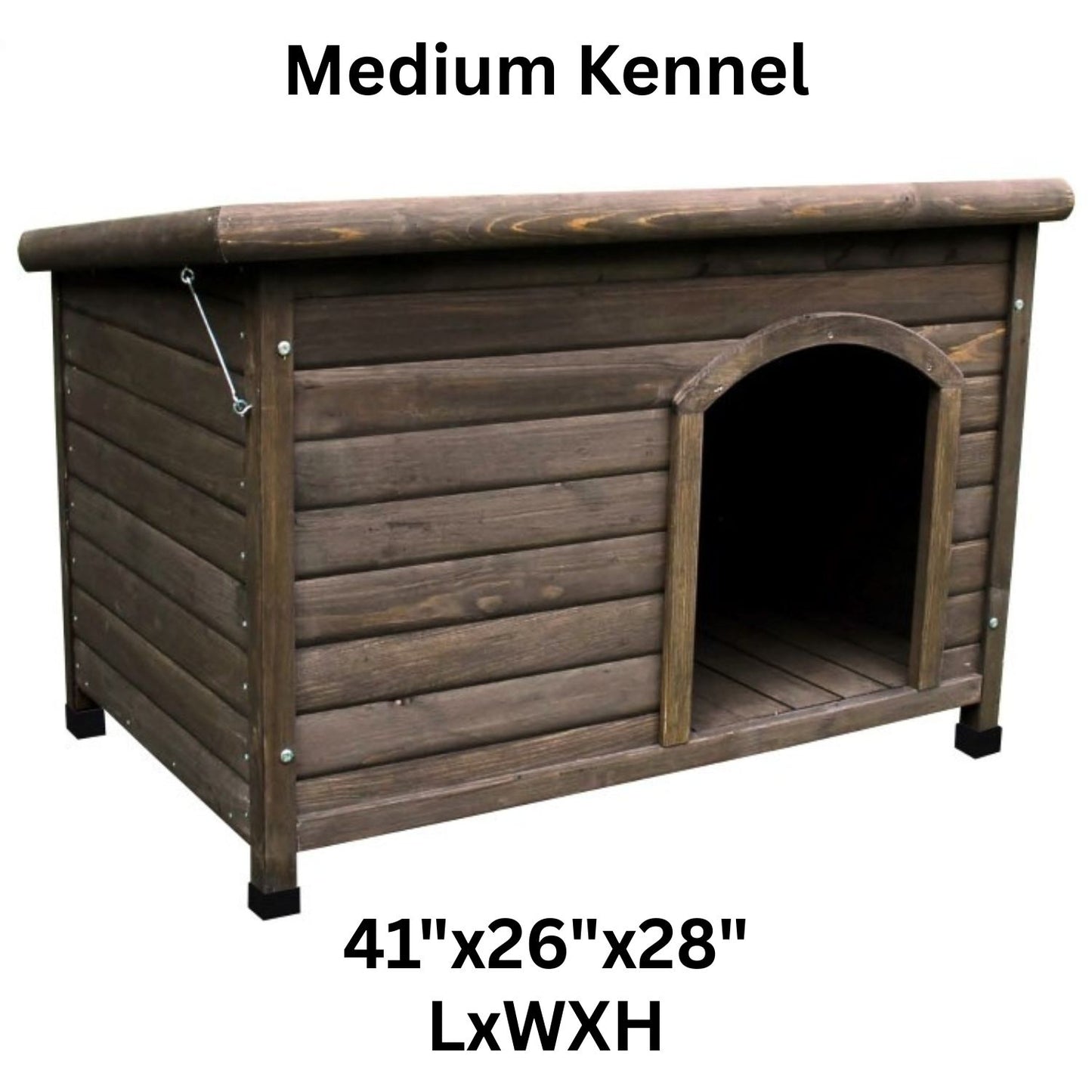 Wooden medium-sized dog kennel with dimensions on a white background