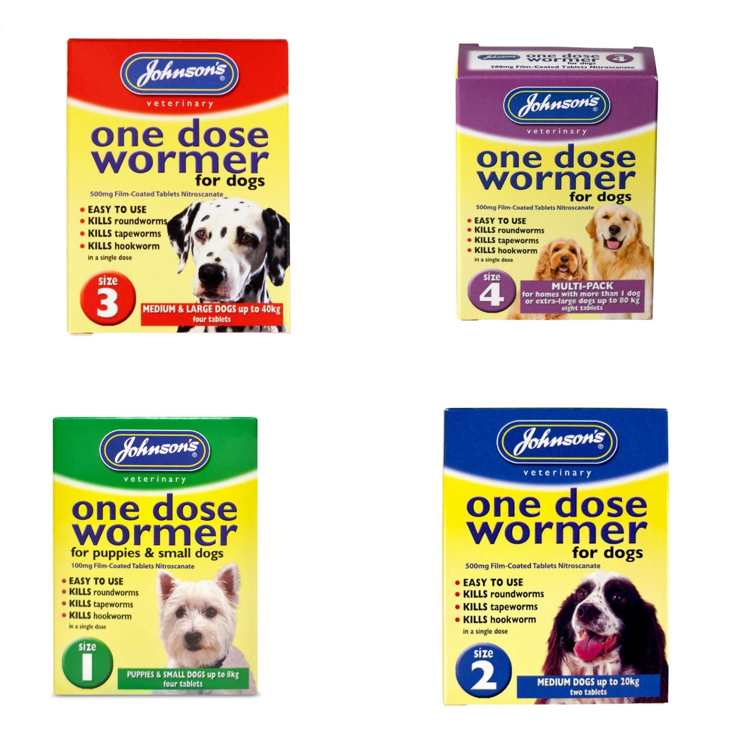 Four boxes of Johnson's Veterinary One Dose Wormer for dogs on a white background