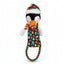 Plush penguin dog toy with a colorful pattern, scarf, and hat on a white background