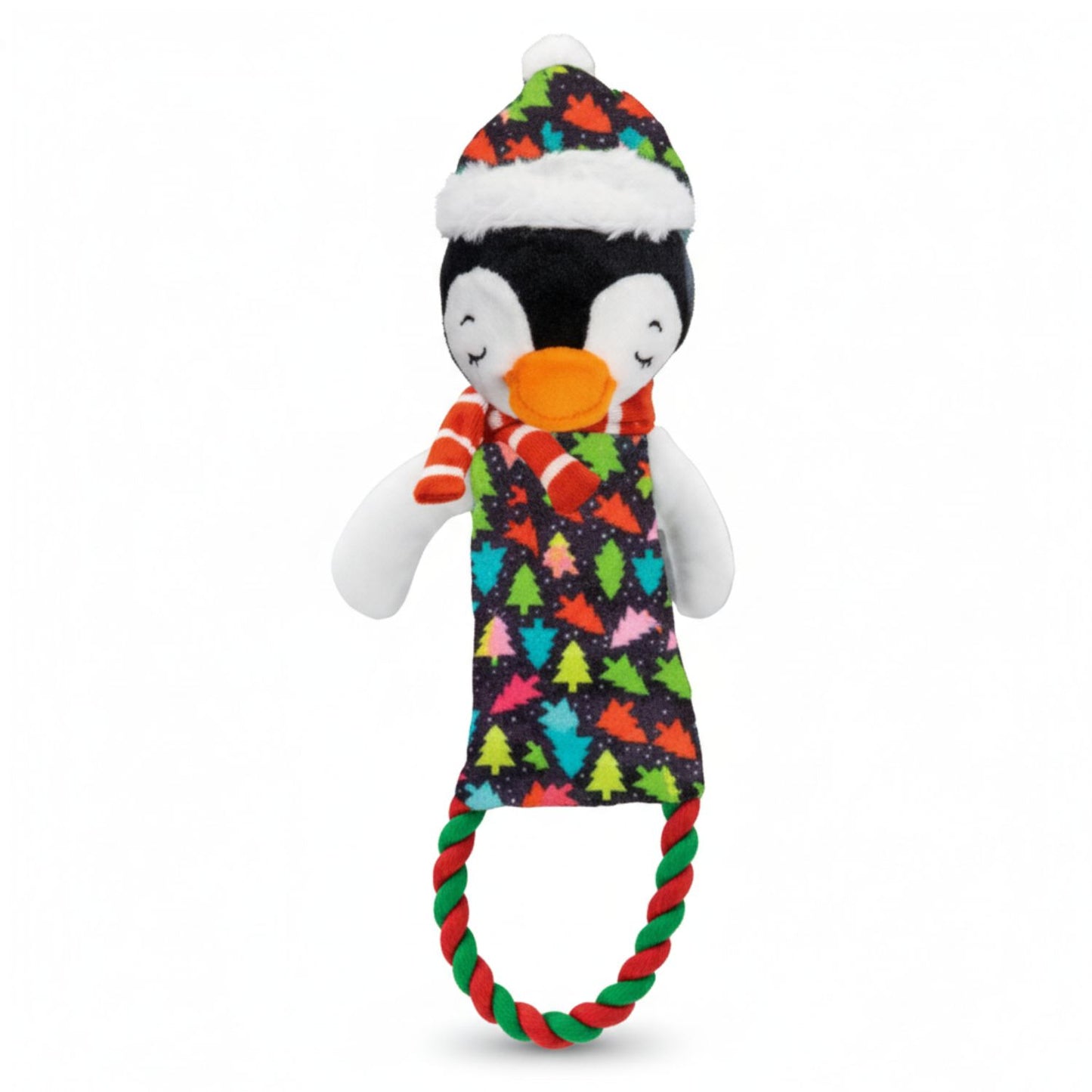 Plush penguin dog toy with a colorful pattern, scarf, and hat on a white background