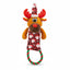 Plush reindeer dog toy with a Santa hat and red nose on a white background
