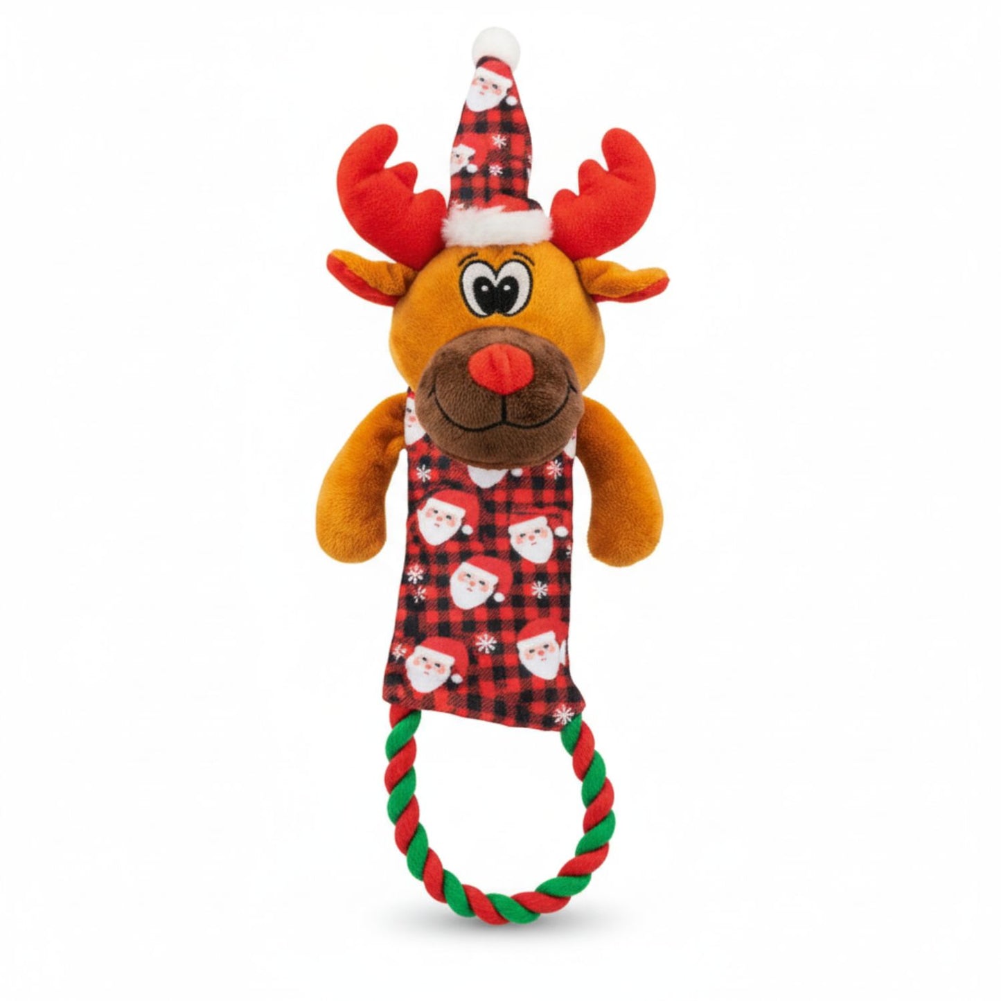 Plush reindeer dog toy with a Santa hat and red nose on a white background