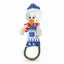 Plush snowman dog toy with a blue patterned outfit, red scarf, and green rope on a white background