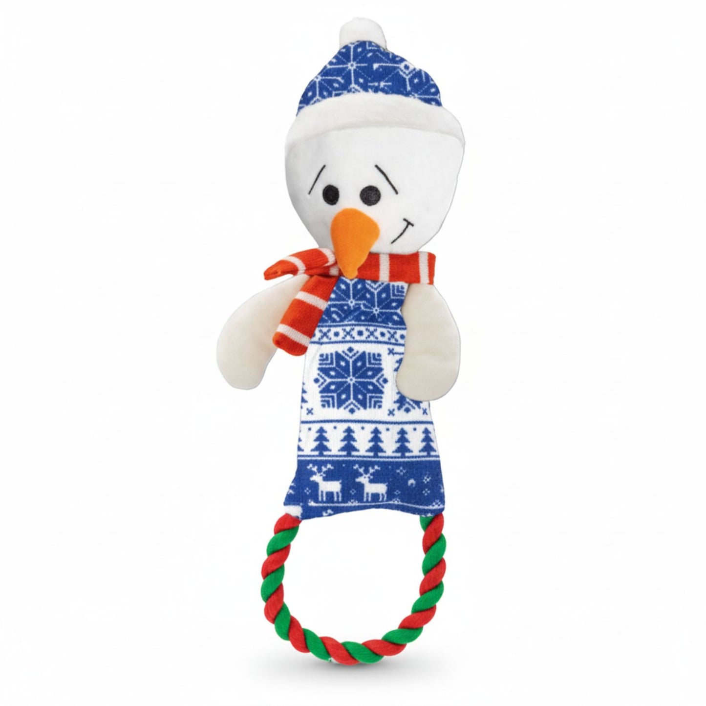 Plush snowman dog toy with a blue patterned outfit, red scarf, and green rope on a white background