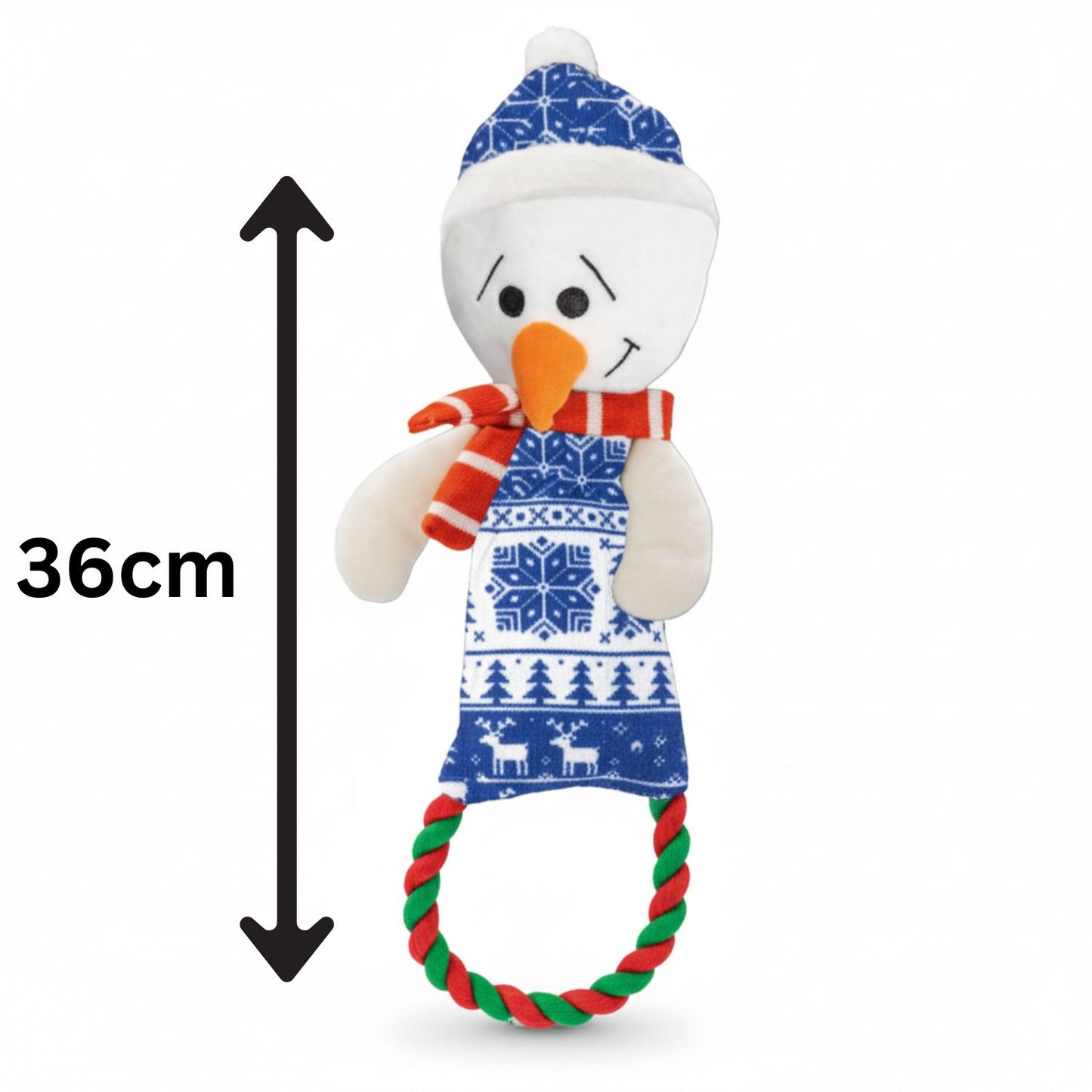 Plush snowman dog  toy with a blue hat, red scarf, and patterned outfit, standing next to a measurement indicator showing its height.