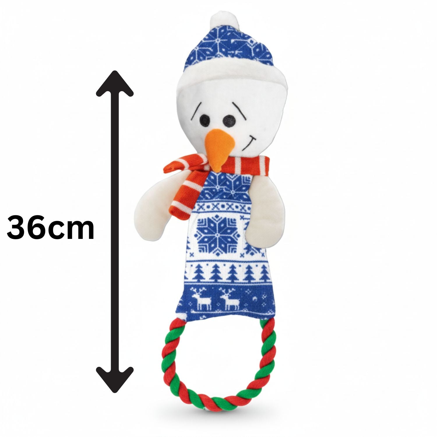 Plush snowman dog  toy with a blue hat, red scarf, and patterned outfit, standing next to a measurement indicator showing its height.