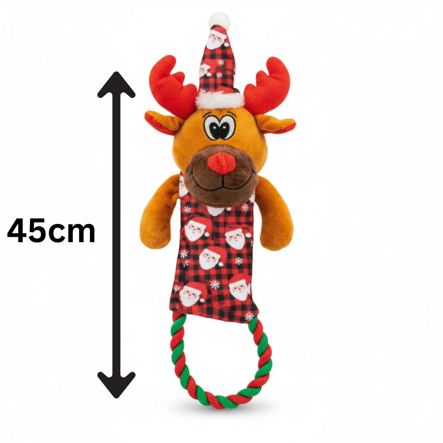 Plush reindeer dog toy with a Santa hat and red and green rope, labeled with a measurement of 45cm.