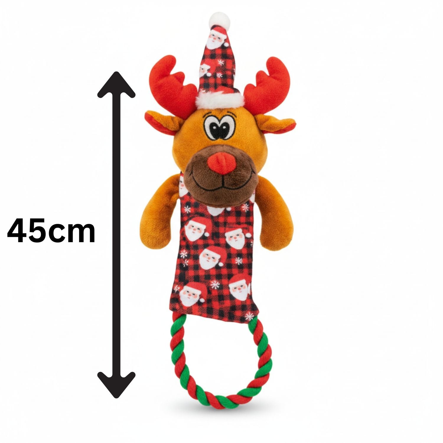 Plush reindeer dog toy with a Santa hat and red and green rope, labeled with a measurement of 45cm.