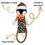 Penguin dog toy with colorful scarf, hat, and rope handle on a white background