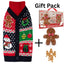 Christmas-themed dog sweater with gingerbread man design, gift box, and gingerbread cookies on a white background.