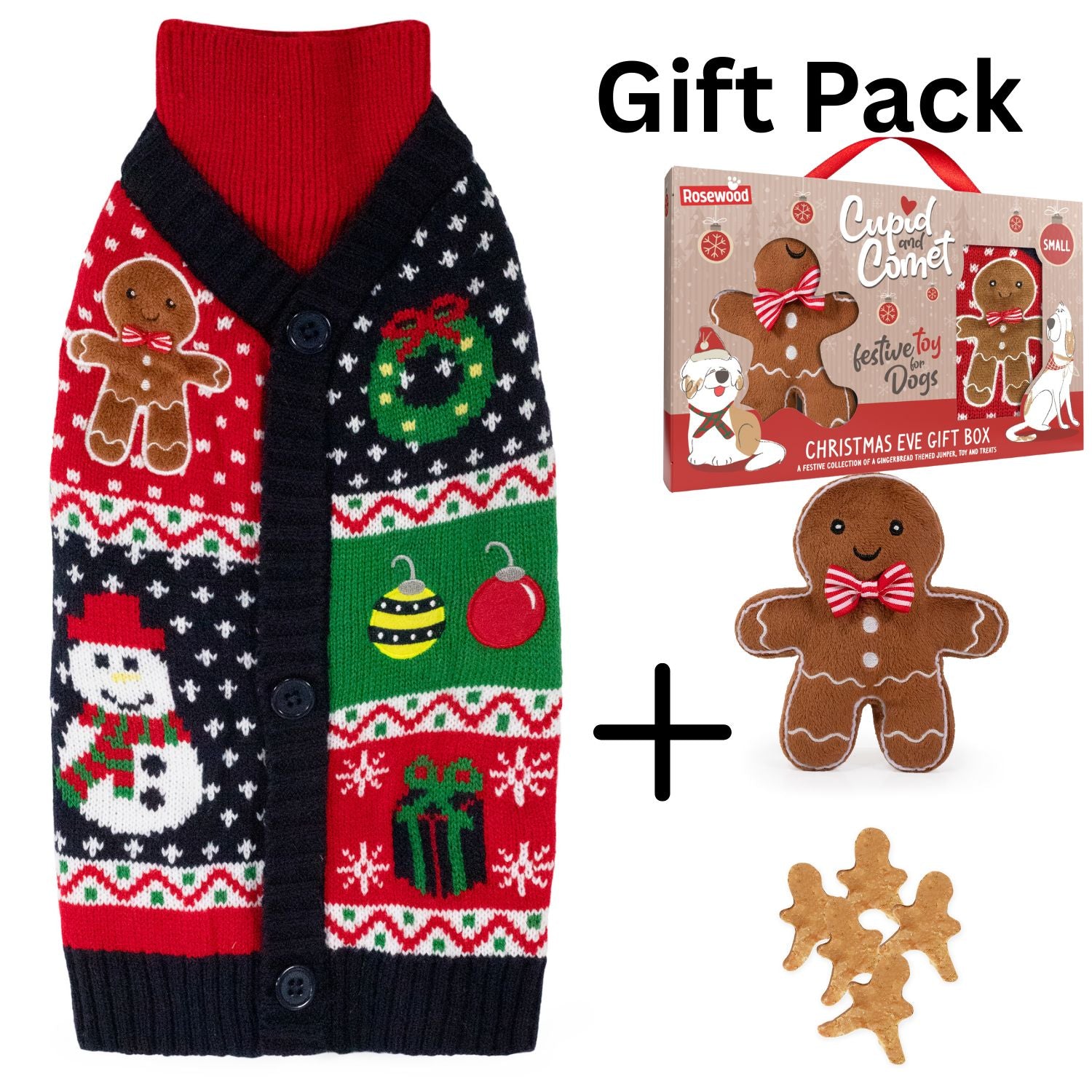 Christmas-themed dog sweater with gingerbread man design, gift box, and gingerbread cookies on a white background.