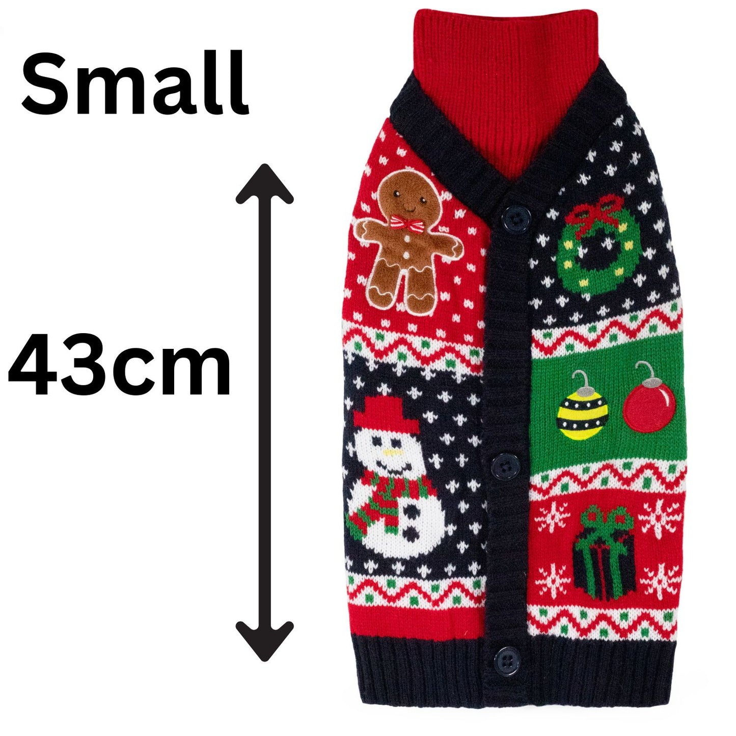 Christmas-themed dog sweater with size label and dimensions on a white background
