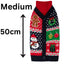 Christmas-themed dog sweater with size label and dimensions on a white background