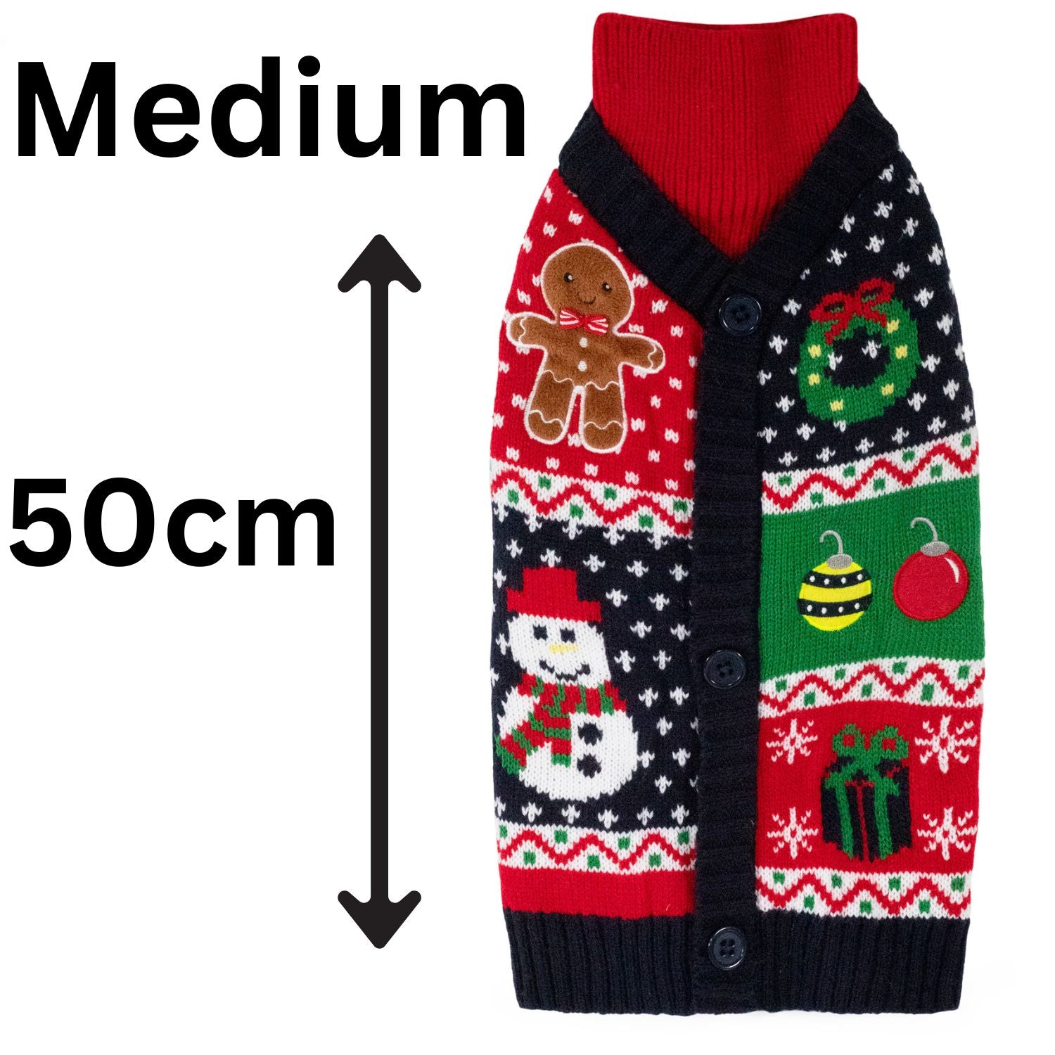 Christmas-themed dog sweater with size label and dimensions on a white background