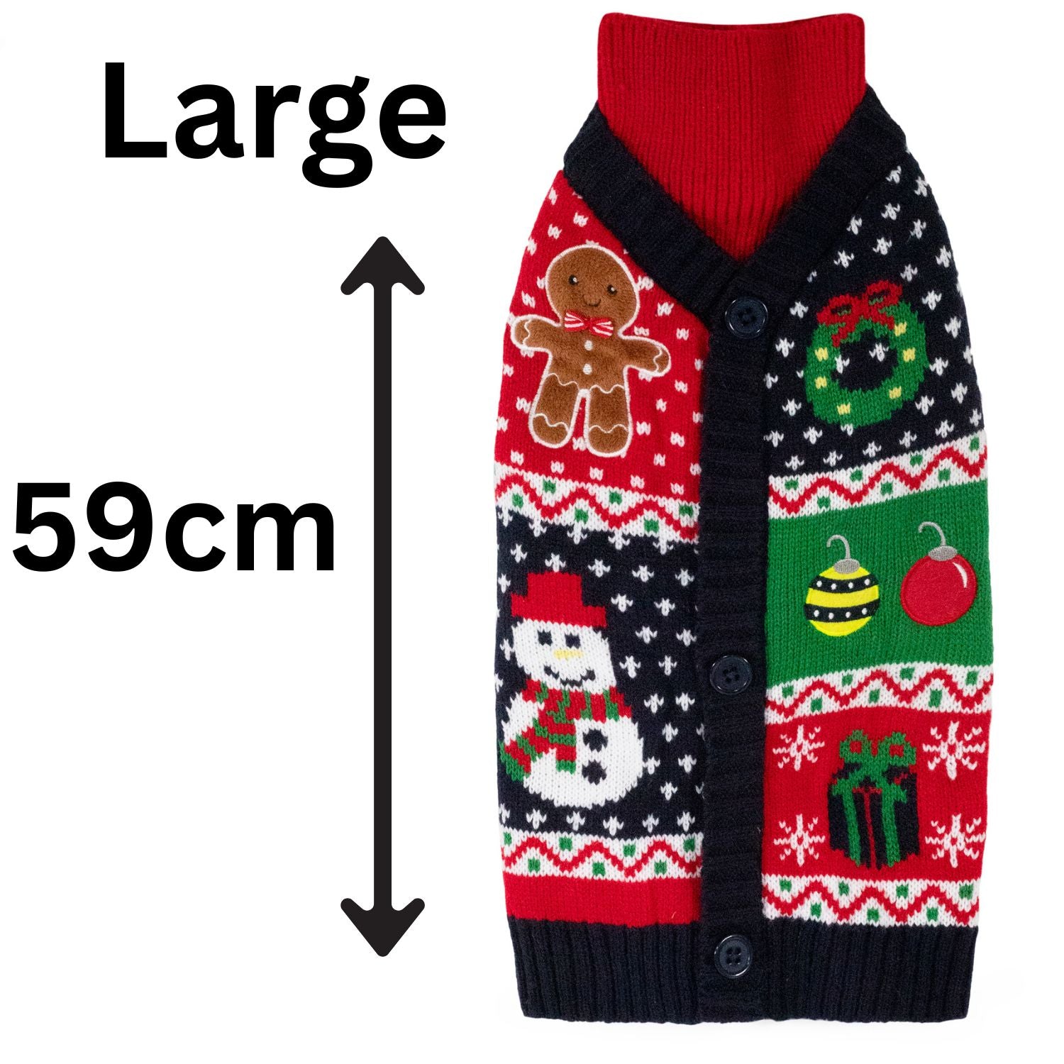 Christmas-themed dog sweater with size label and measurements on a white background