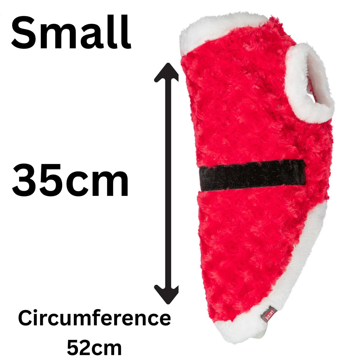 Red fuzzy santa dog coat with measurements on a white background