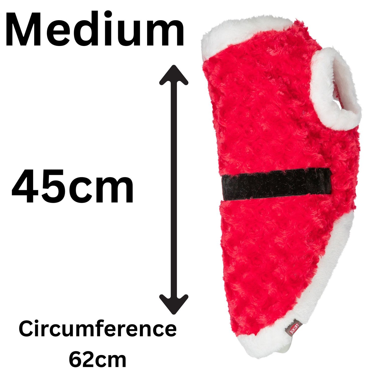 Red fuzzy santa dog coat with measurements on a white background