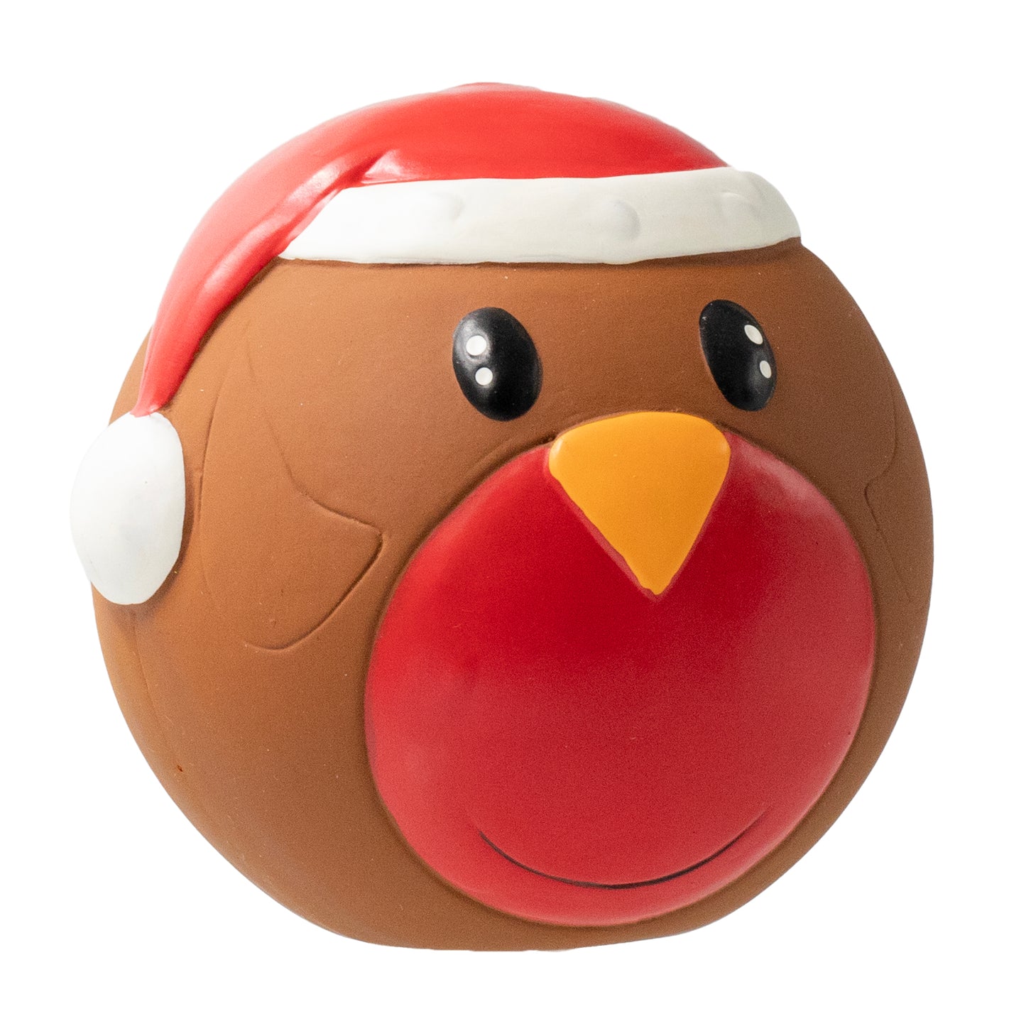 Brown latex dog ball toy with a red beak and Santa hat on a white background