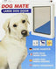 Packaging for a white Dog Mate large dog door featuring an image of a yellow Labradoodle and product details in multiple languages.