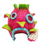 A dragon fruit themed aquarium ornament or shelter, featuring a bright pink body with green scales, blue trim, and a small white-and-pink food piece attached, shown on a plain white background.