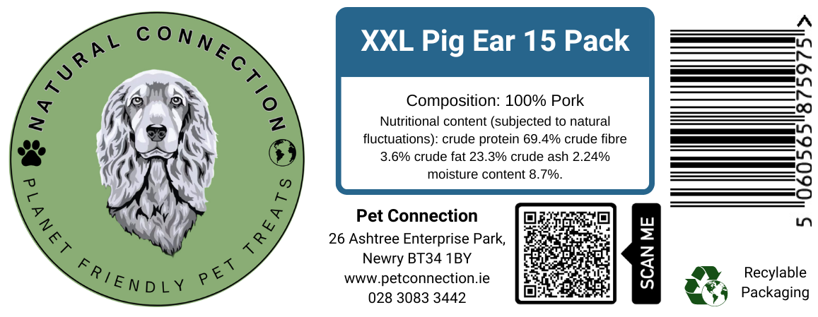 XXL Giant Pig's Ear | High Protein Chewy Dog Treat | Top Quality Pork Snacks by Natural Connection