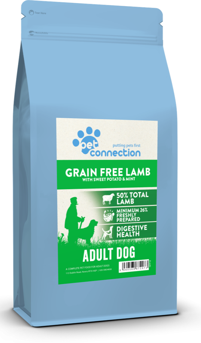 Dog food package with blue and green label on a white background