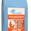 Dog food package with a blue bag and orange label on a white background