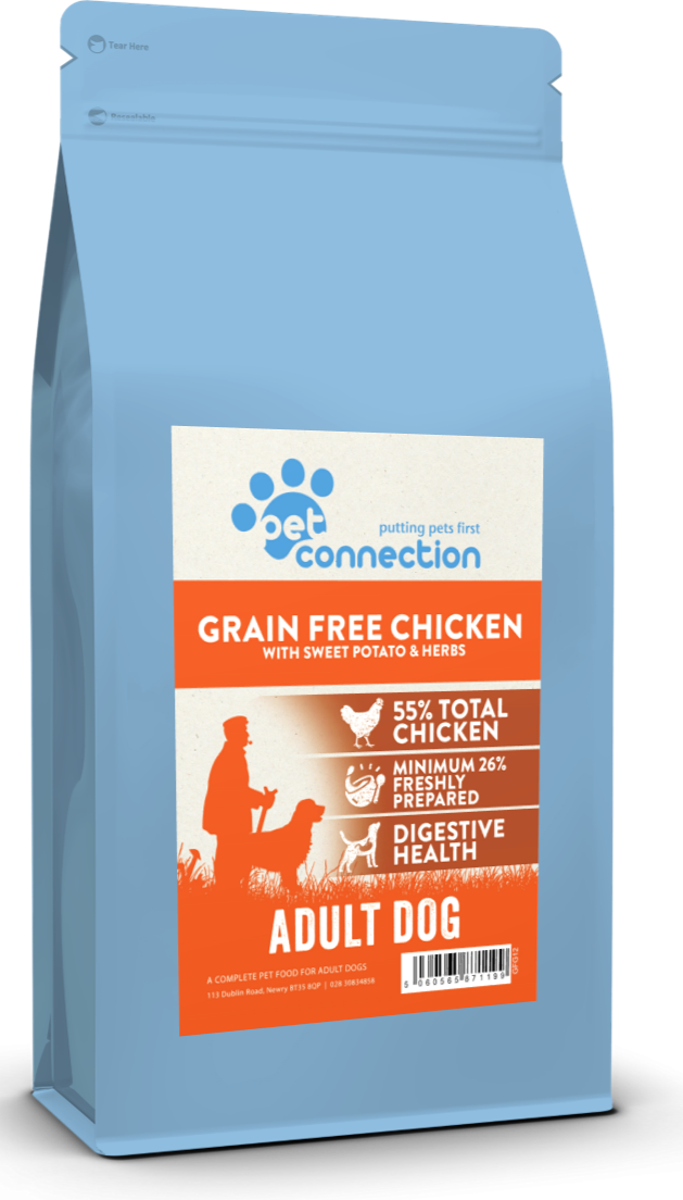 Dog food package with a blue bag and orange label on a white background