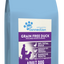 Dog food package with blue and purple design on a white background