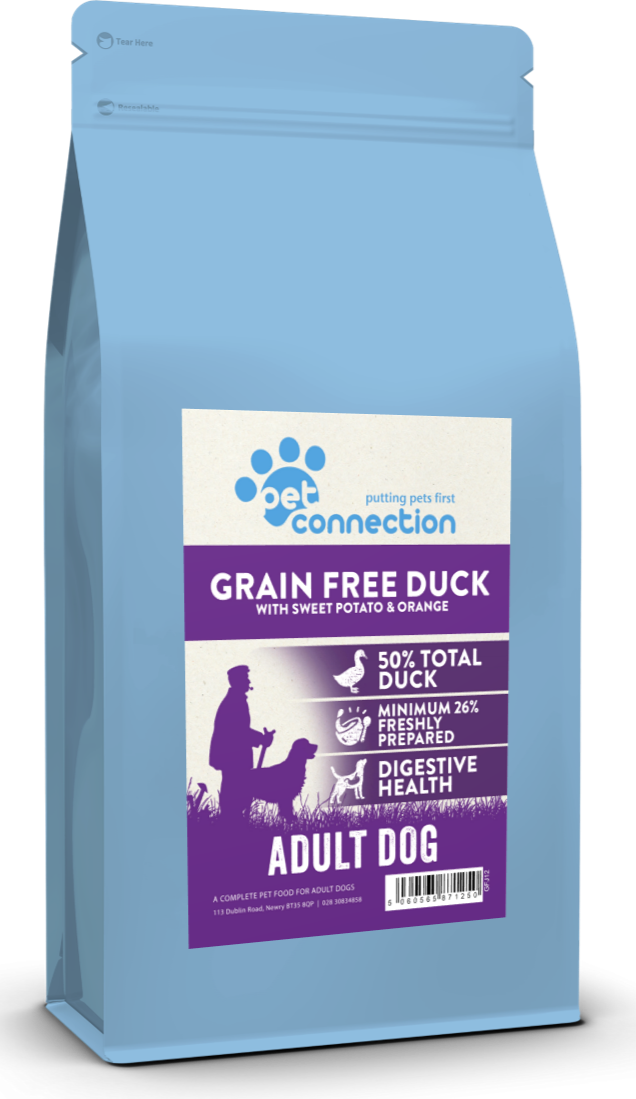 Dog food package with blue and purple design on a white background