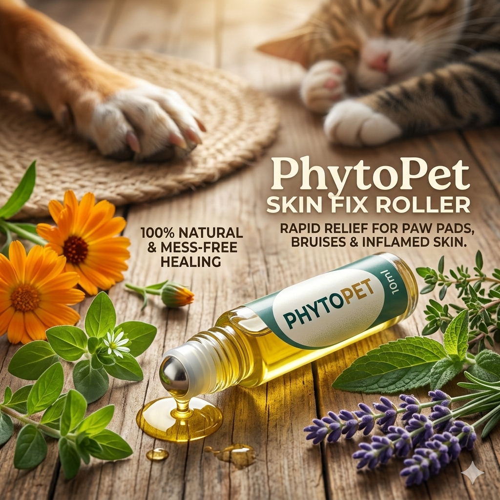 PhytoPet Skin Fix Roller bottle with natural ingredients on a wooden surface