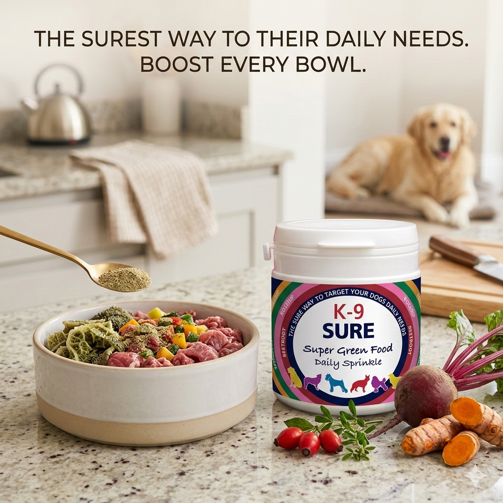 K-9 Sure Super Green Food daily sprinkle container on a kitchen counter with a bowl of dog food and vegetables.