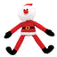 A plush dog toy resembling a Santa Claus figure with a red coat, black pants, white beard, and a round nose.
