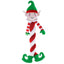 A festive twisted elf plush dog toy with a candy striped body, green elf shoes, and a red hat, designed for dogs.
