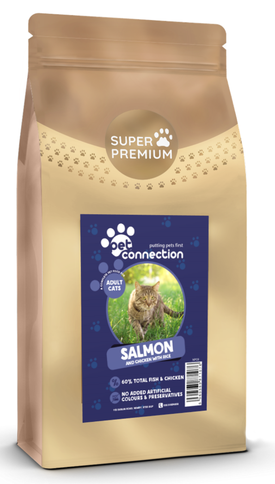 Gold bag of Pet Connection pet food with a label featuring a cat and text on a white background