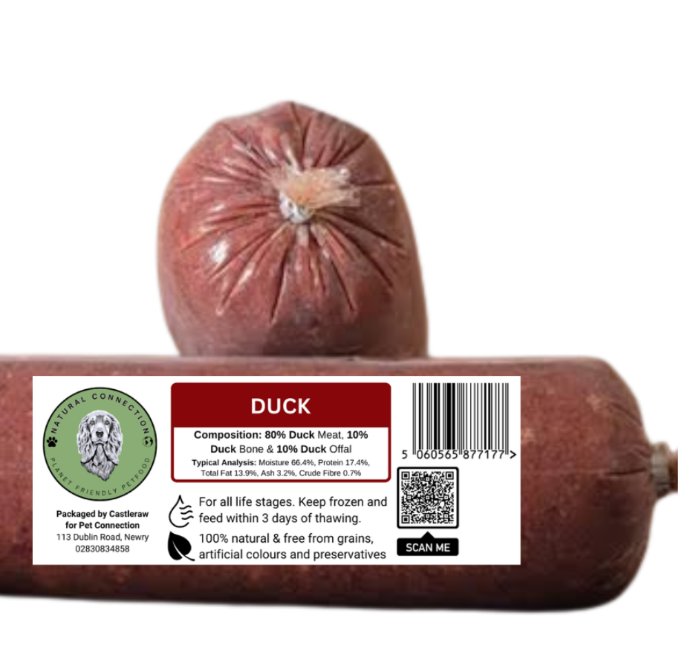 Duck sausage raw dog food with a label on a white background